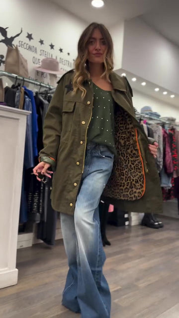 Fashion casual embroidered jacket withleopard print lining