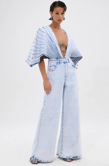 High-Fashion Denim Artwear jumpsuit